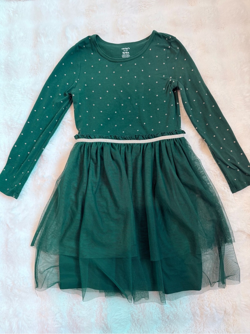 Carter's Emerald Green Long-Sleeve Tulle Party Dress with Sparkle Dots